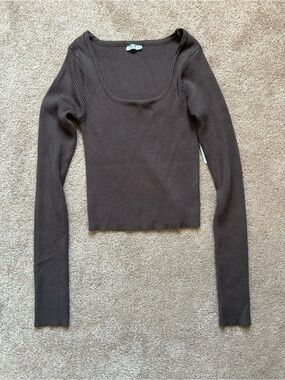 Ardene Dark Brown Ribbed Scoop-Neck Long Sleeve Top